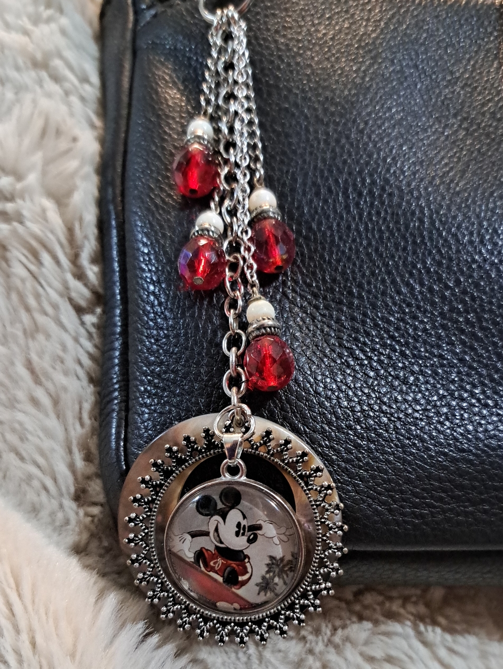 Hand Crafted Silver-Tone Mickey Mouse Red Bead Bag Purse Decoration Jewelry